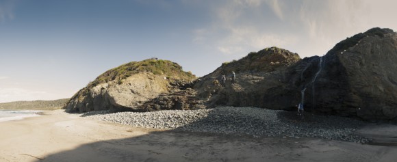 The spectacular waterfall falling onto Granite Beach. The campsite is just above it.
